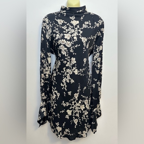 NWT Free People White Floral Black Combo Sheath Dress with Bell Sleeves - Picture 1 of 12